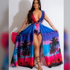 Women's Tropical Ombre Maxi Cover-Up Dress with Palm Print - Blue Pink Purple